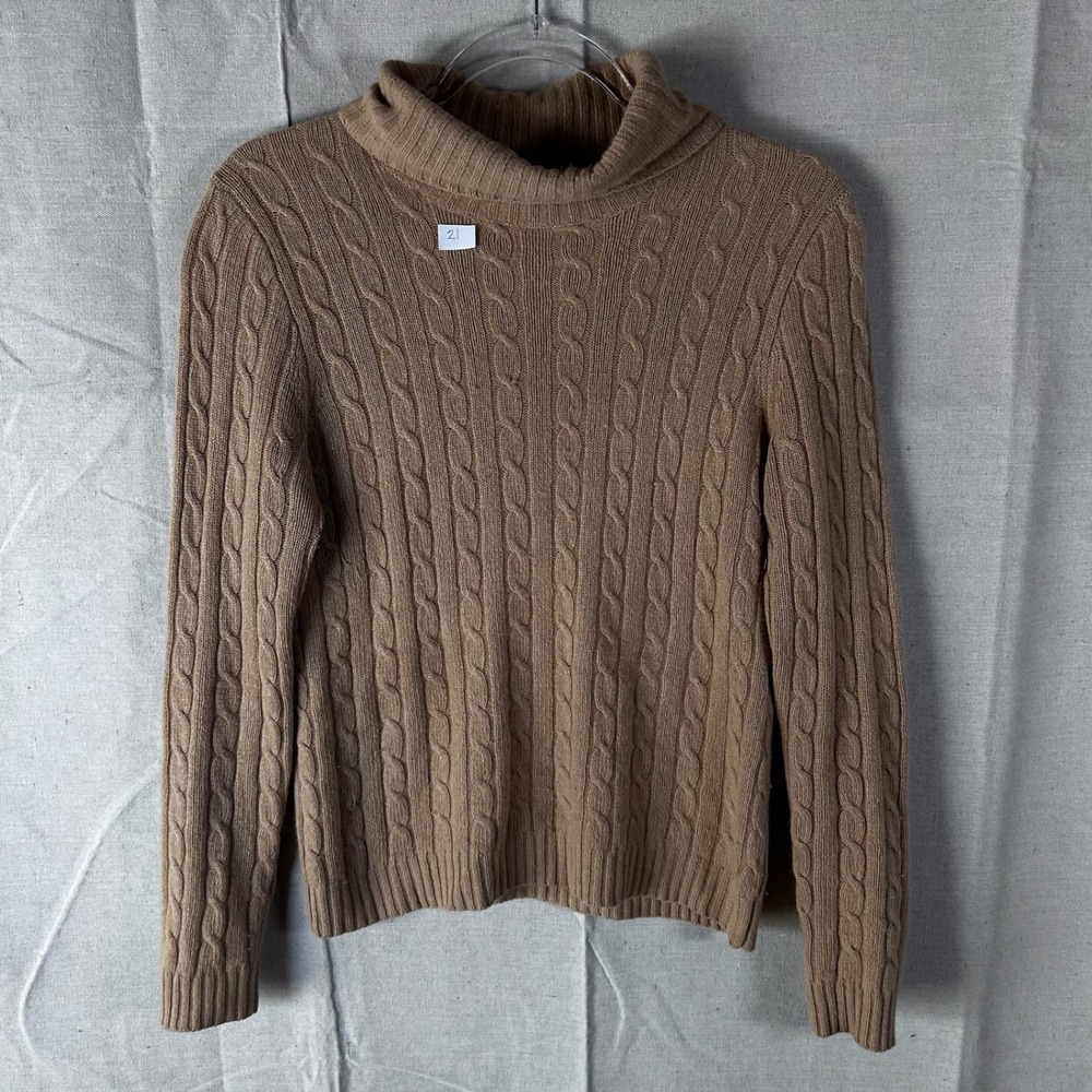 J. Crew Womens Wool Cable Knit Turtleneck Sweater Camel Tan Brown Long Sleeve S